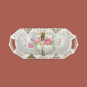 Vintage K&L Germany Butter Relish Dish - Hand Painted Pink Roses Gold Trim